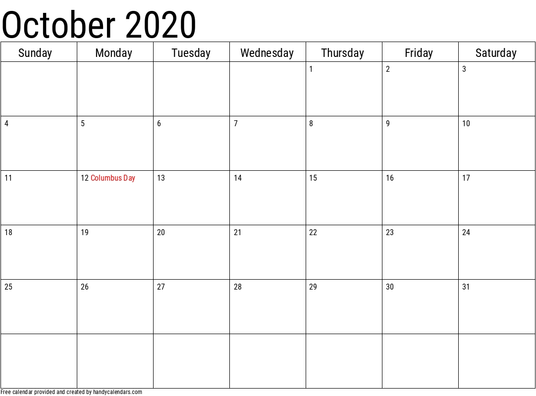 2020 October Calendars Handy Calendars