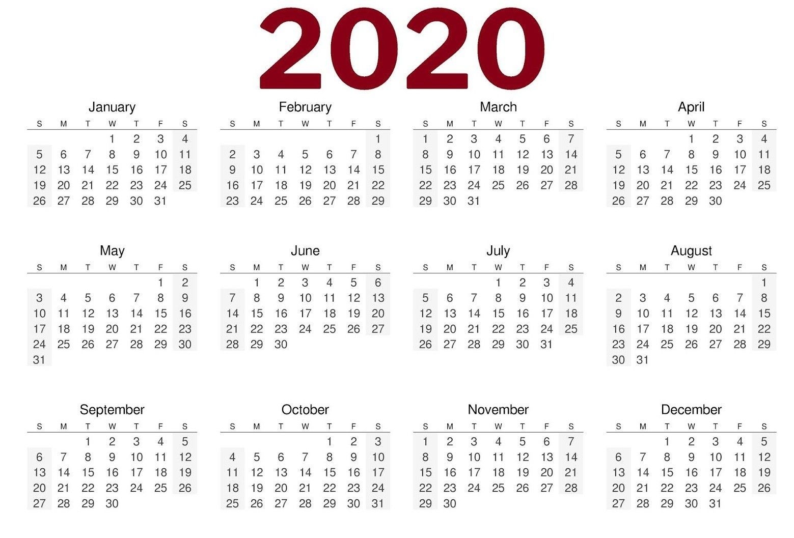 2020 One Page Calendar Printable Calendar 2020 Print Free