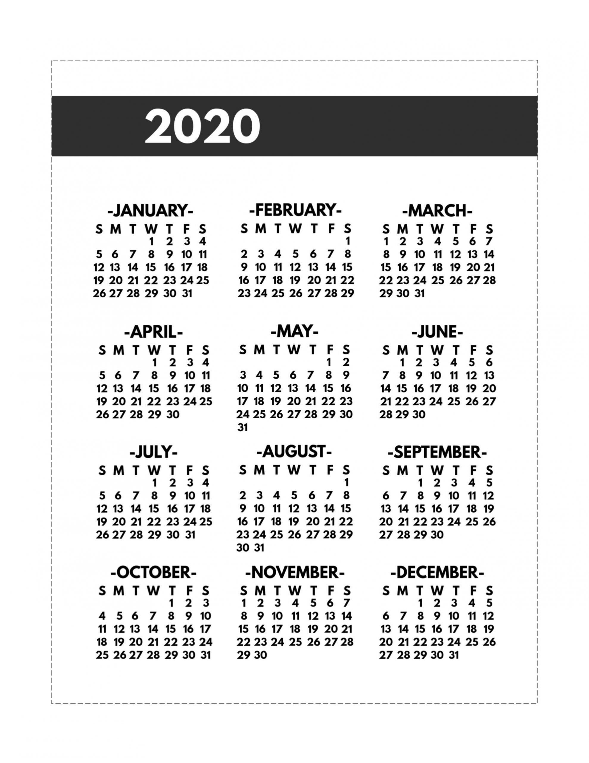 2020 printable one page year at a glance calendar | paper