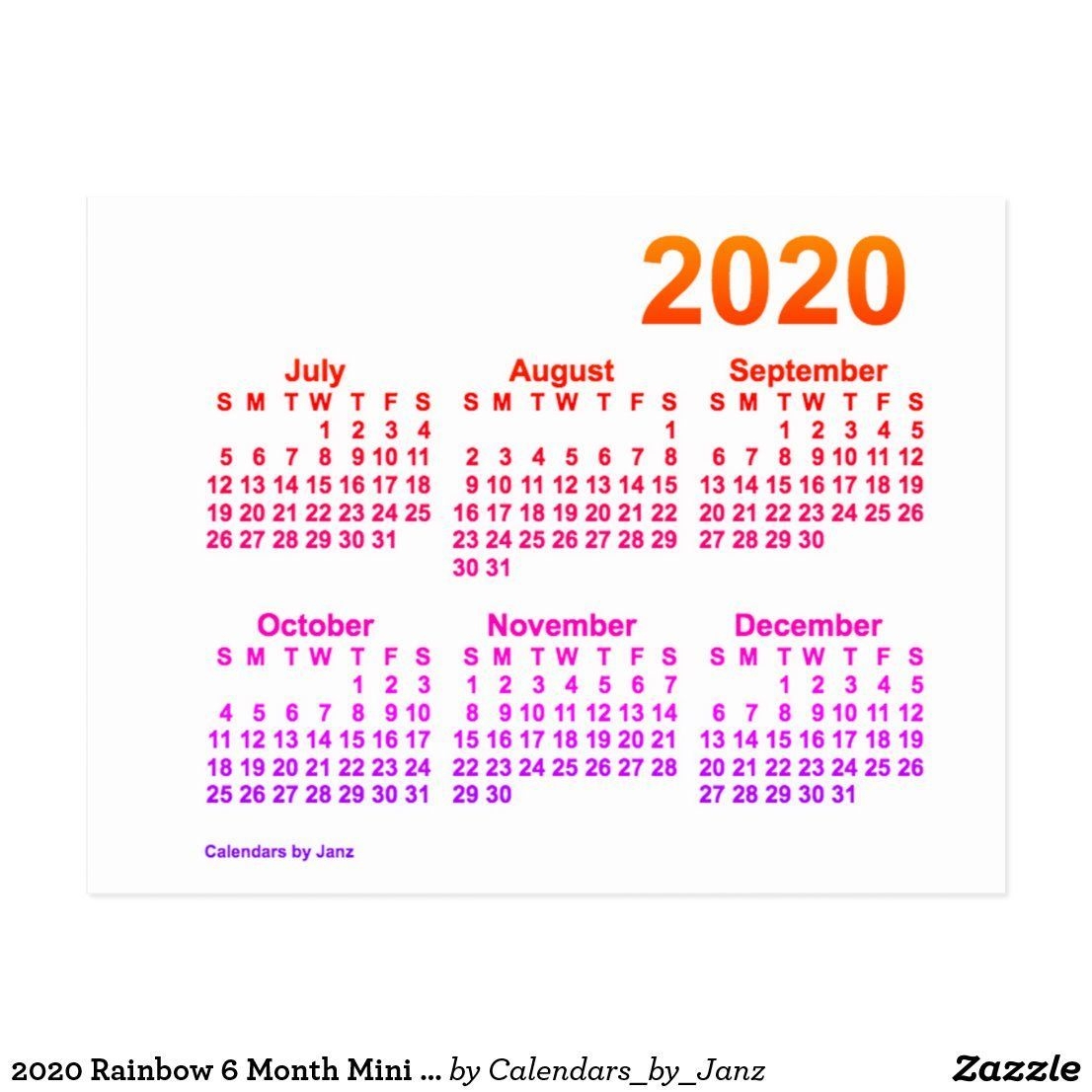 2020 Rainbow 6 Month Mini Calendarjanz Postcard | Zazzle