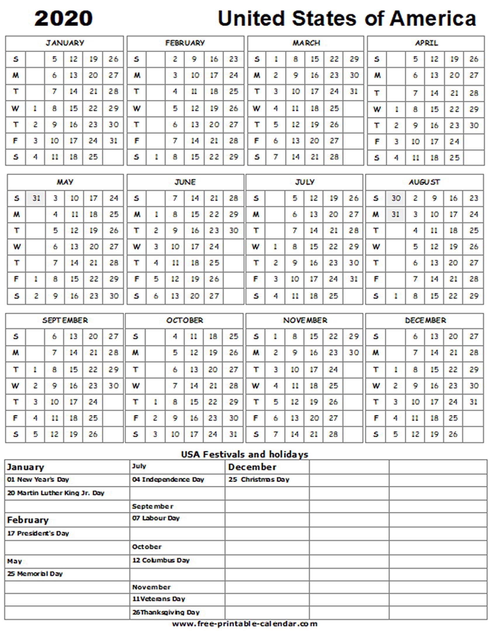 2020 Us Holiday Calendar Free Printable Calendar