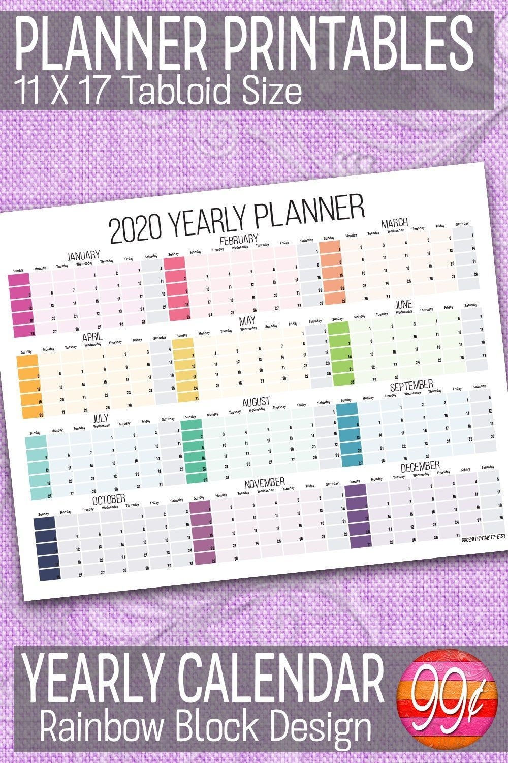 2020 yearly calendar 11x17 printable color block wall | etsy