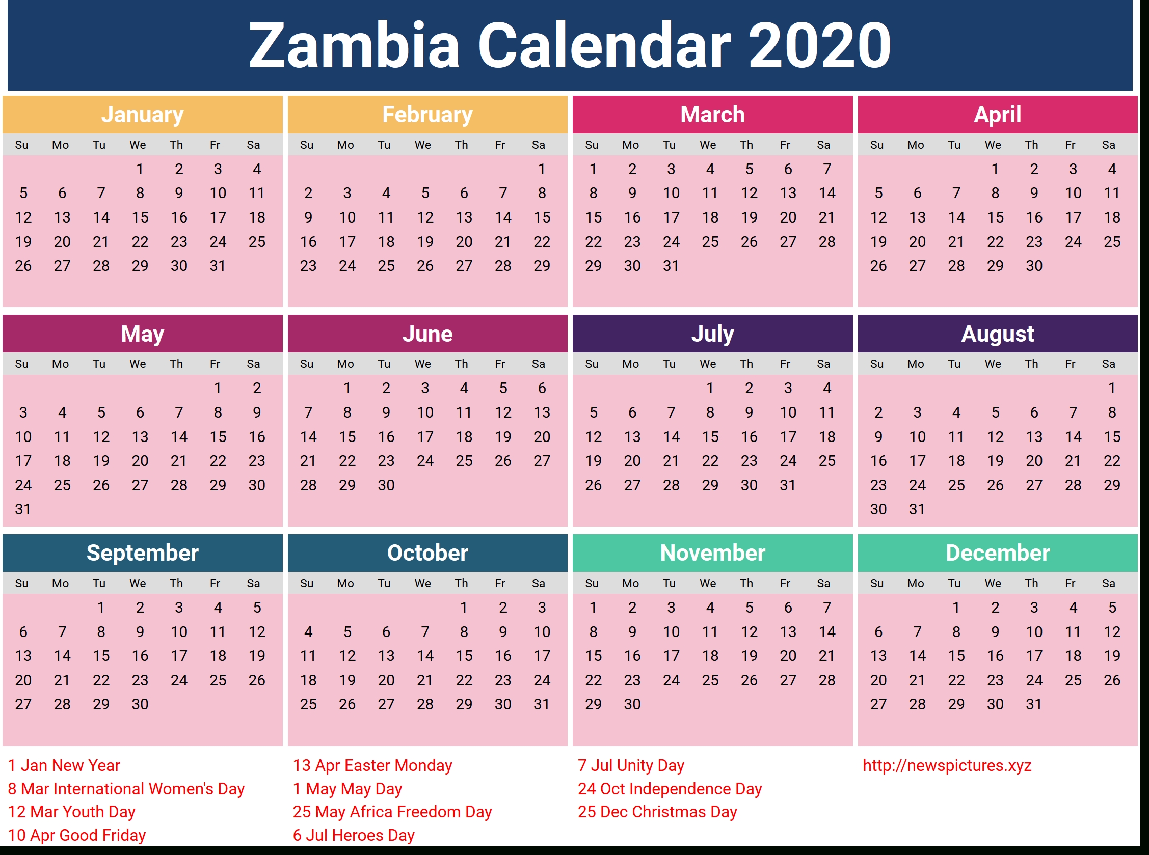 2020 Zambian Calendar | Print Calendar Page