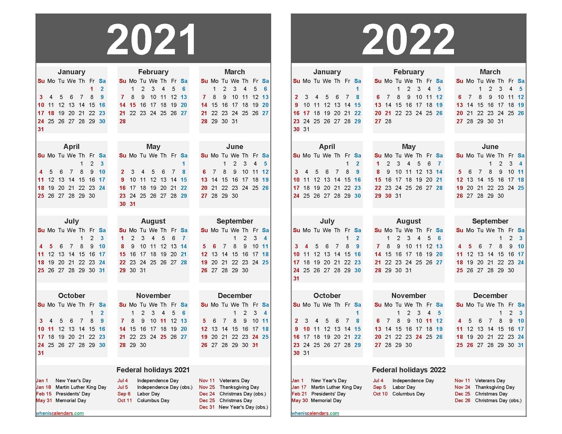 2021 And 2022 Calendar Printable With Holidays Word, Pdf