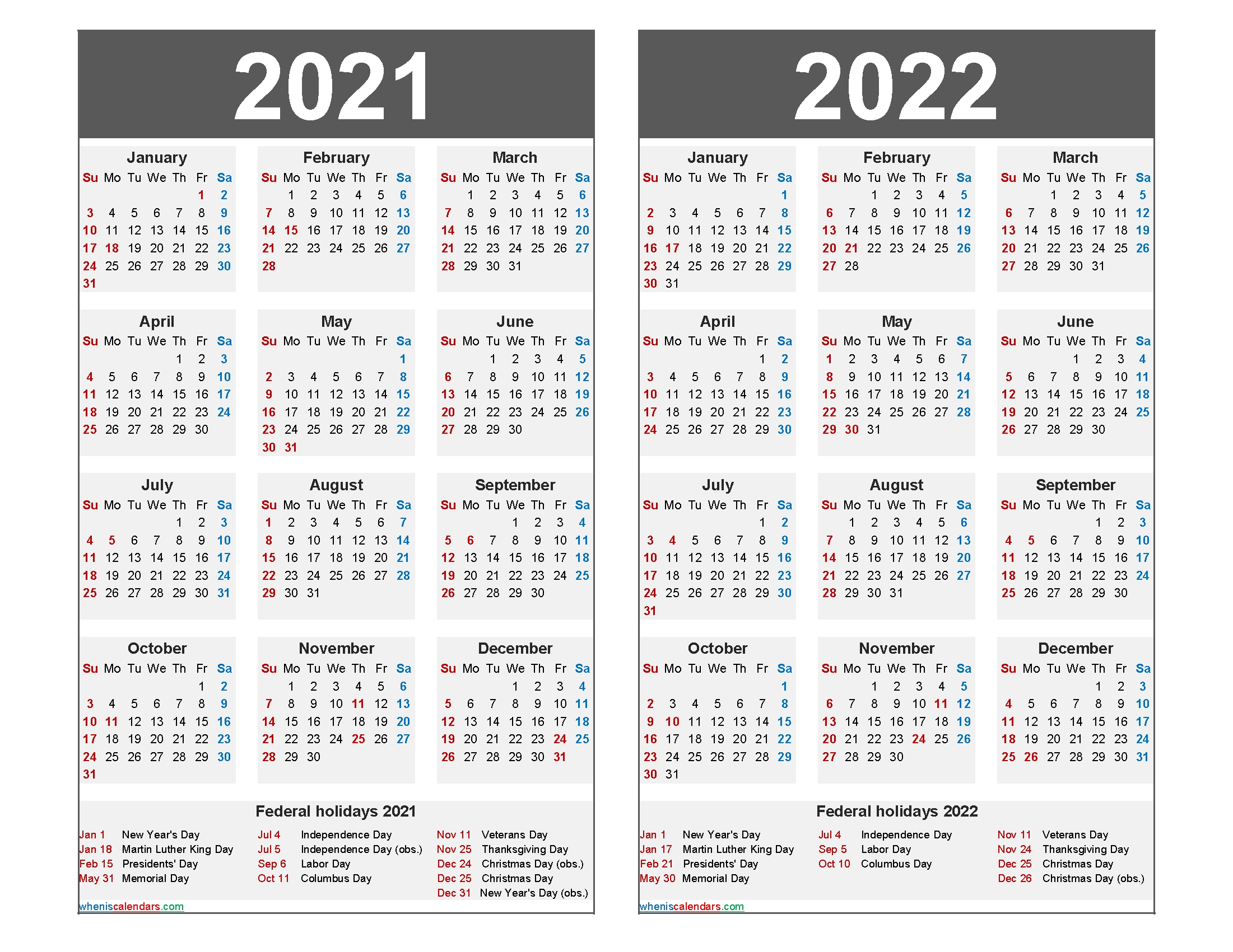 2021 and 2022 calendar printable with holidays word, pdf