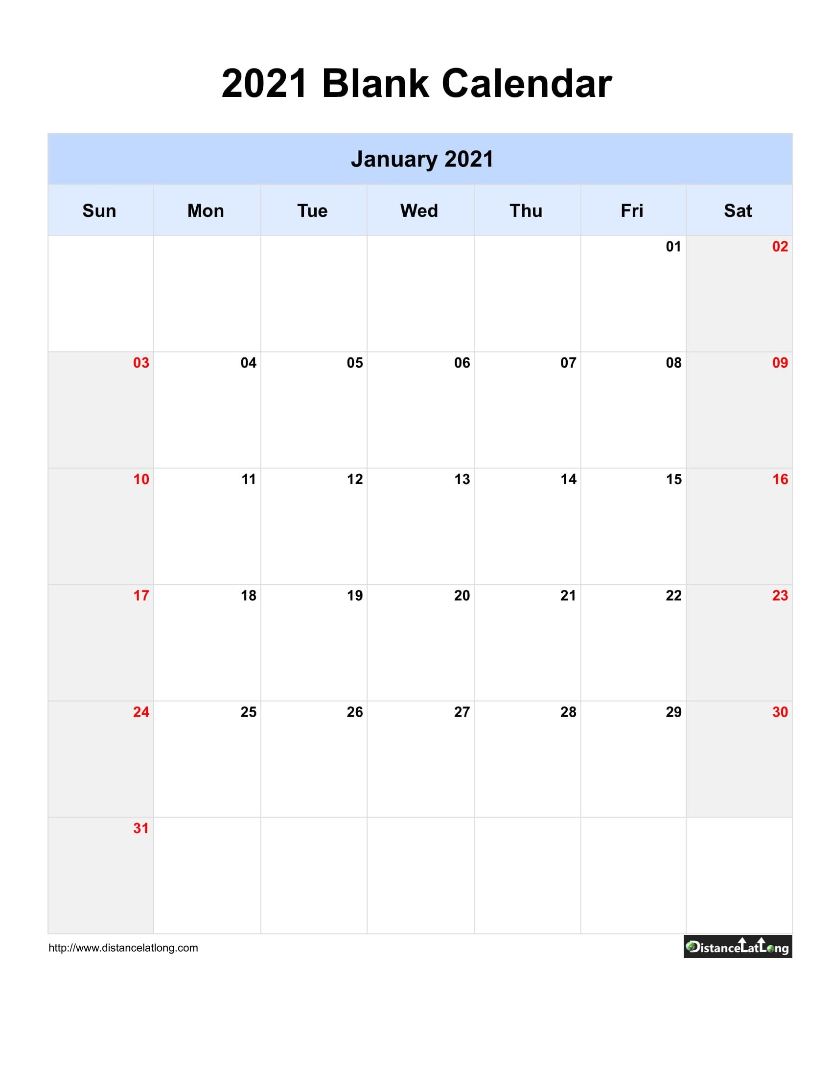 Blank Calendars 2021 Printable