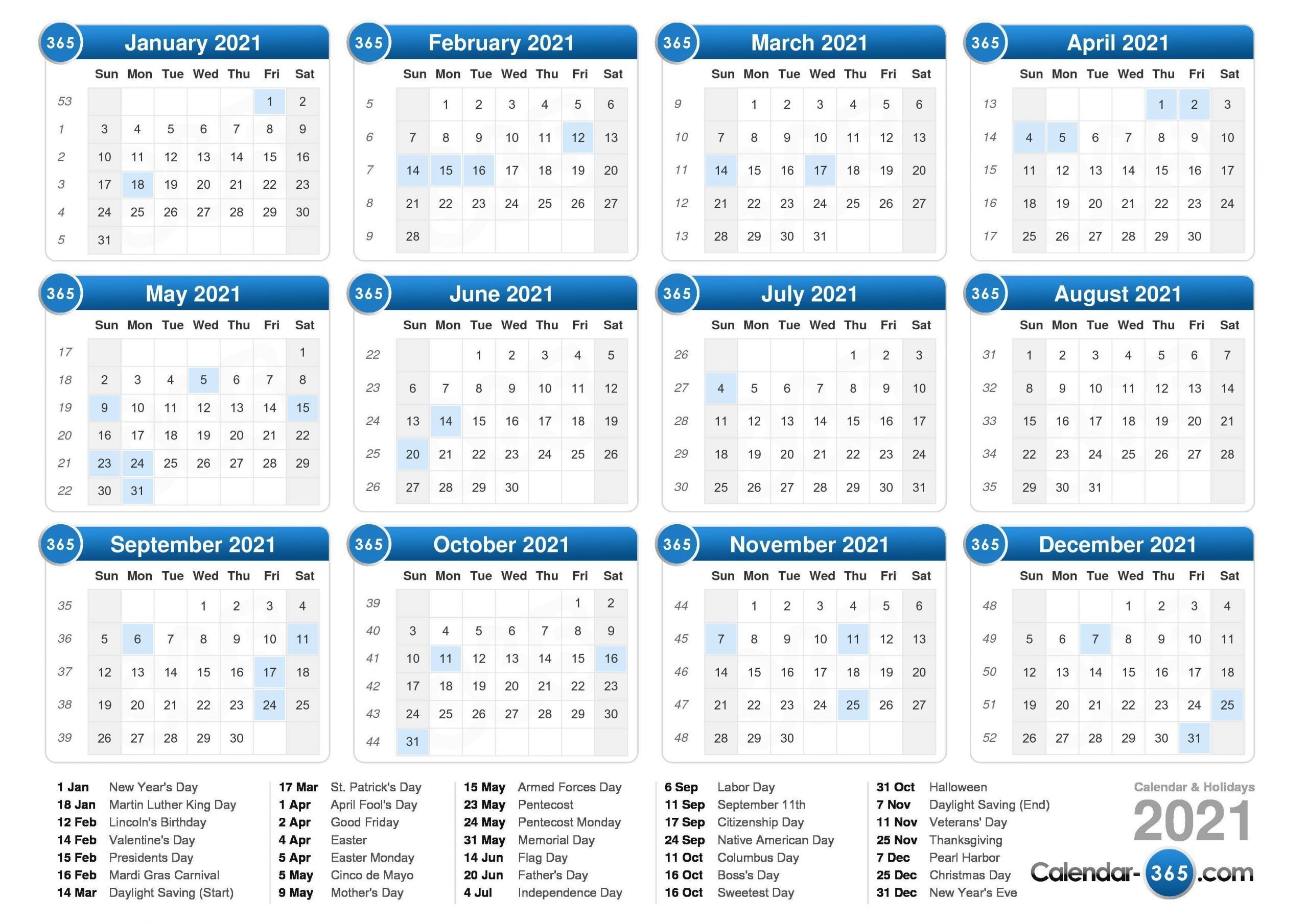 2021 Calendar 2021 Calendar With Week Numbers Free 365 Days