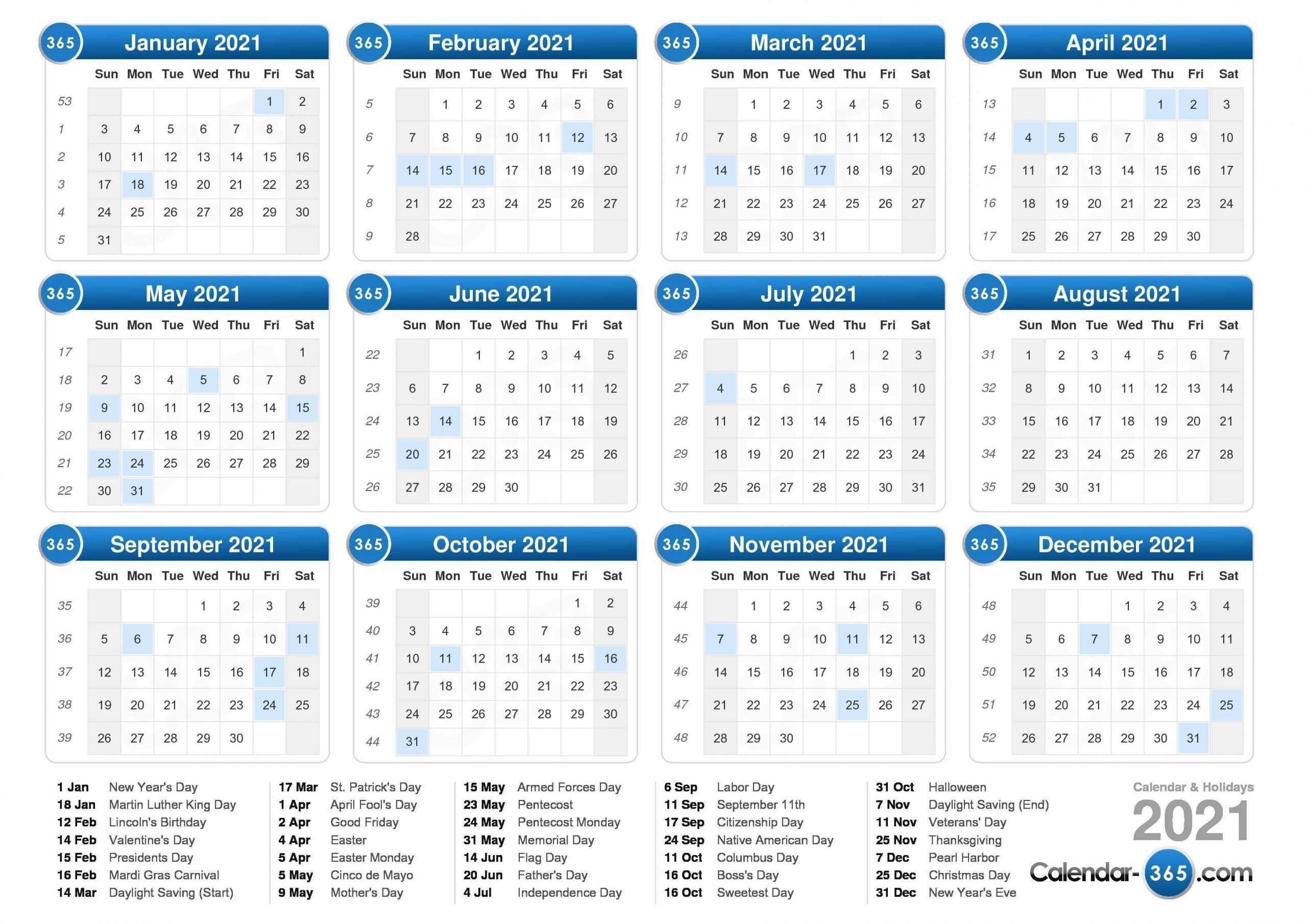 2021 calendar 2021 calendar with week numbers free 365 days