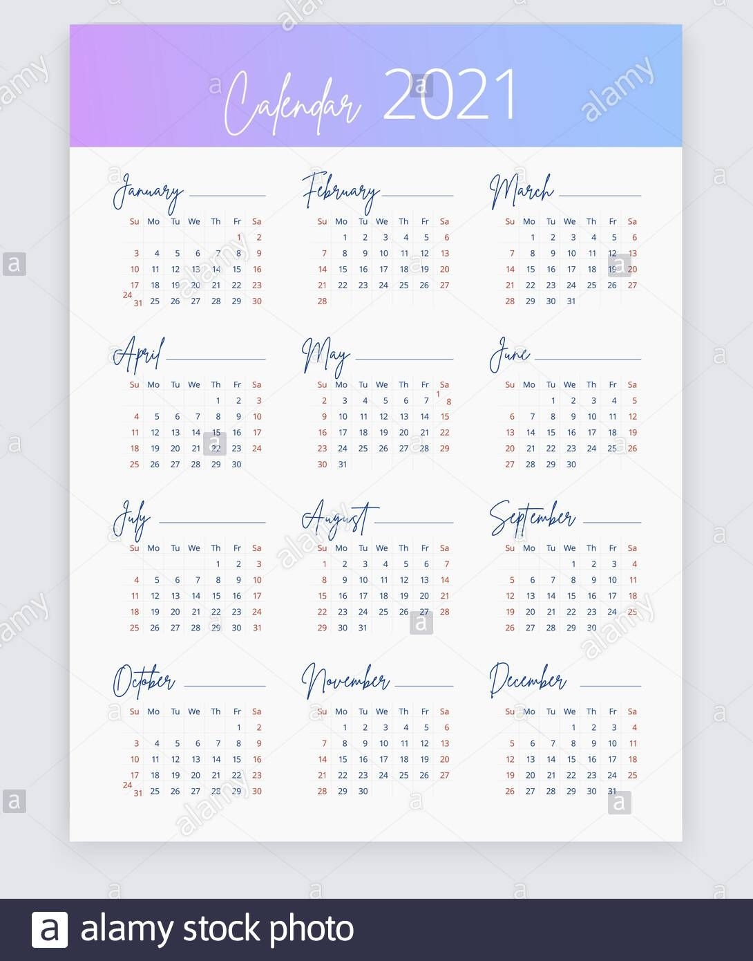 2021 calendar in english vertical web, poster, banner, card