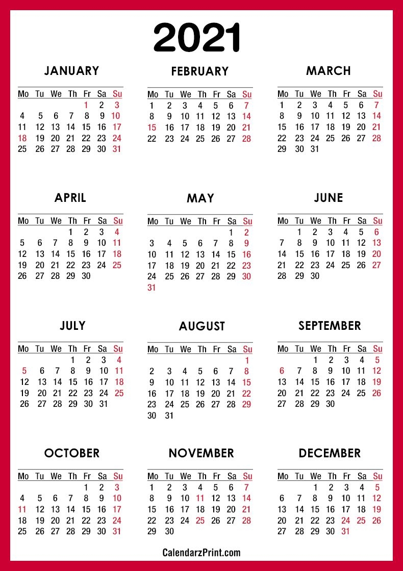 2021 calendar printable free with usa holidays, red – monday