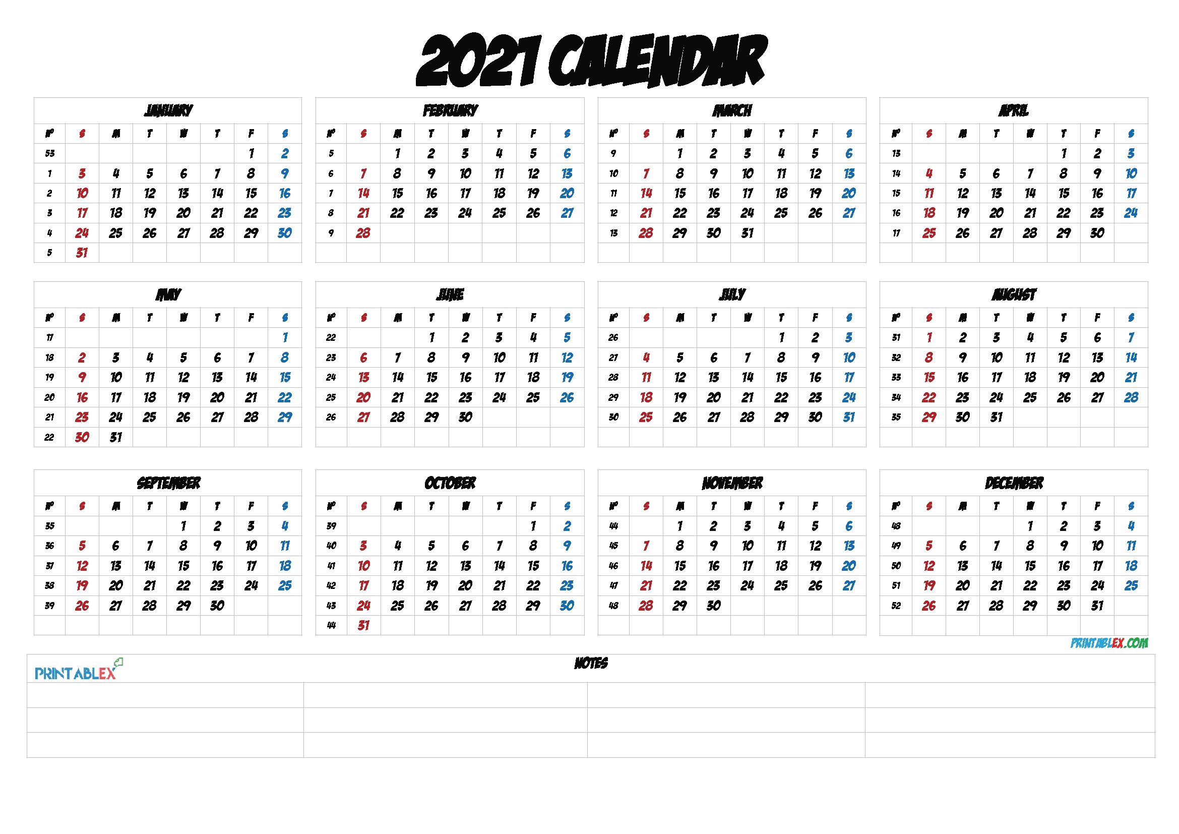 2021 calendar with week numbers printable – 12 templates