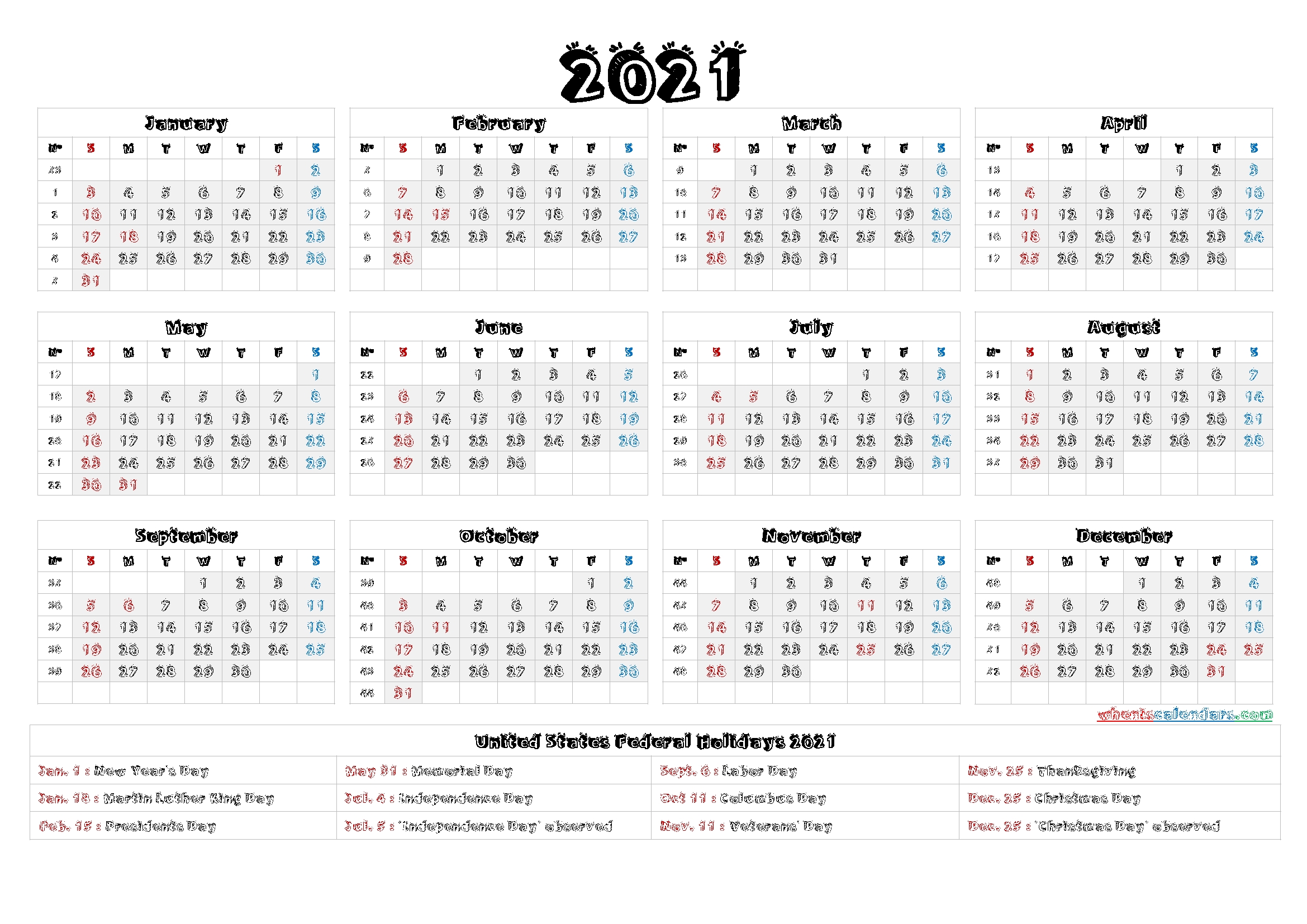 2021 Calendar With Week Numbers Printable – 6 Templates