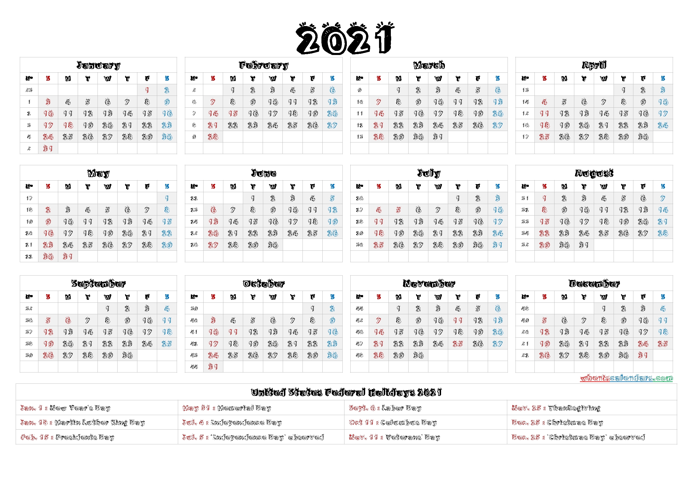 2021 calendar with week numbers printable – 6 templates