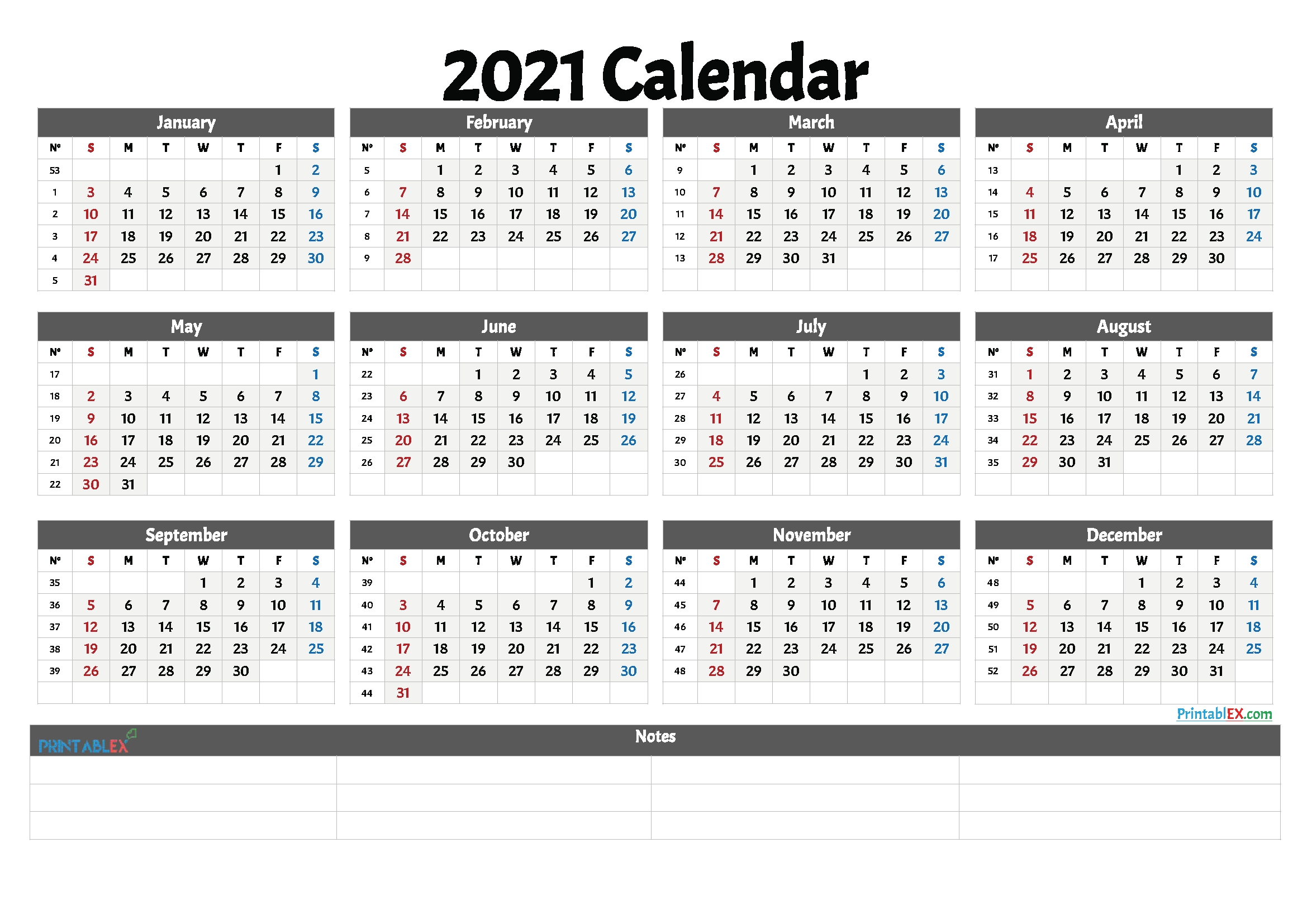 2021 free printable yearly calendar with week numbers in