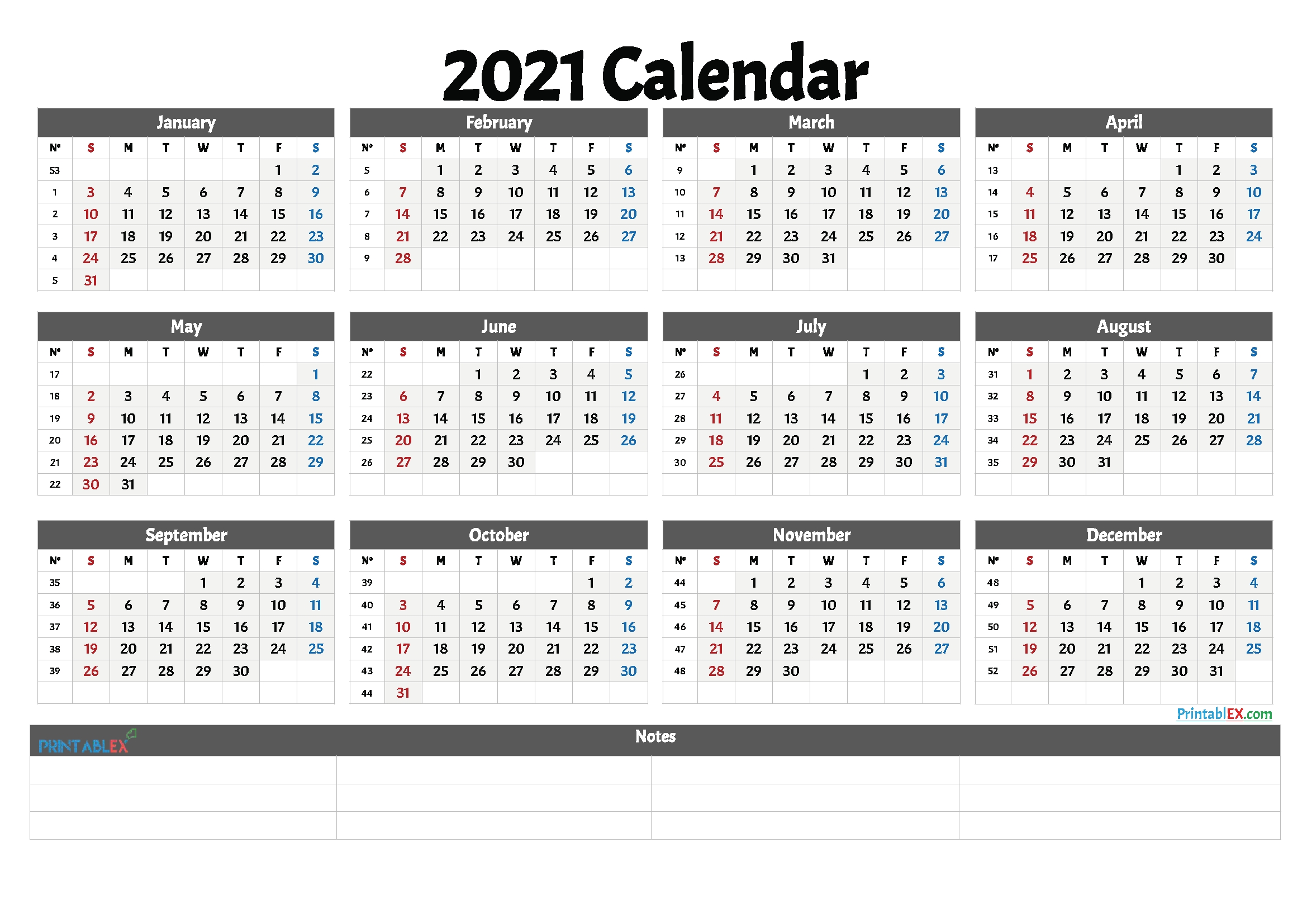 2021 Free Printable Yearly Calendar With Week Numbers In