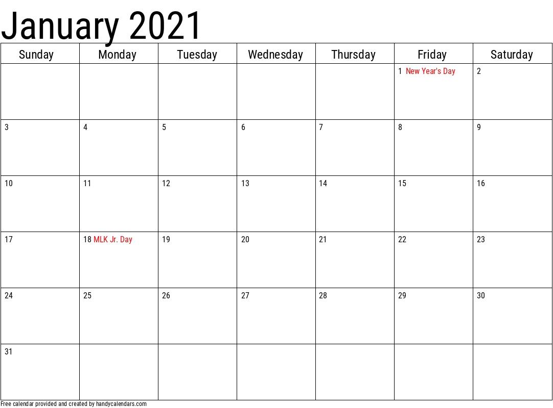 2021 January Calendars Handy Calendars