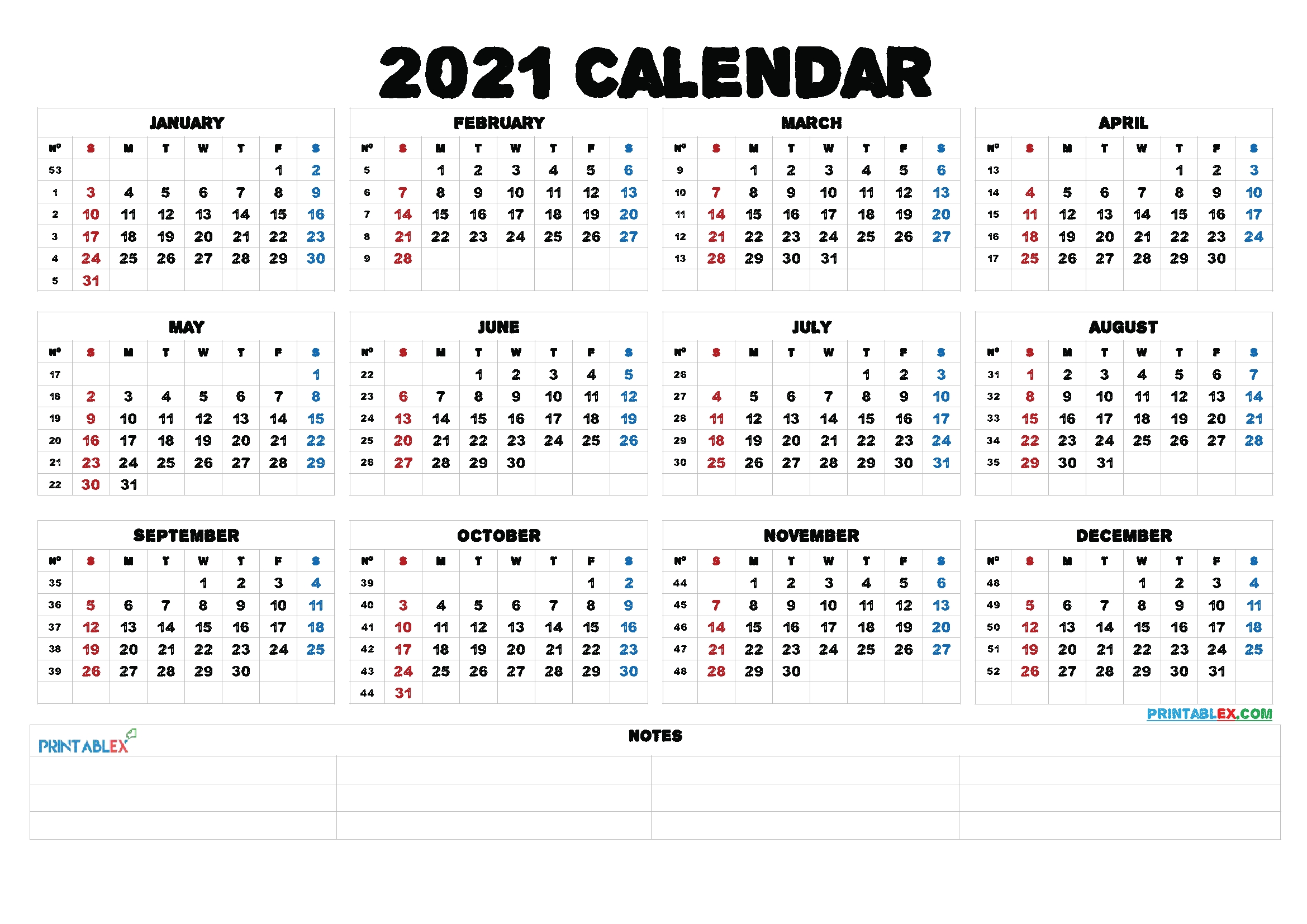 2021 printable yearly calendar with week numbers – free