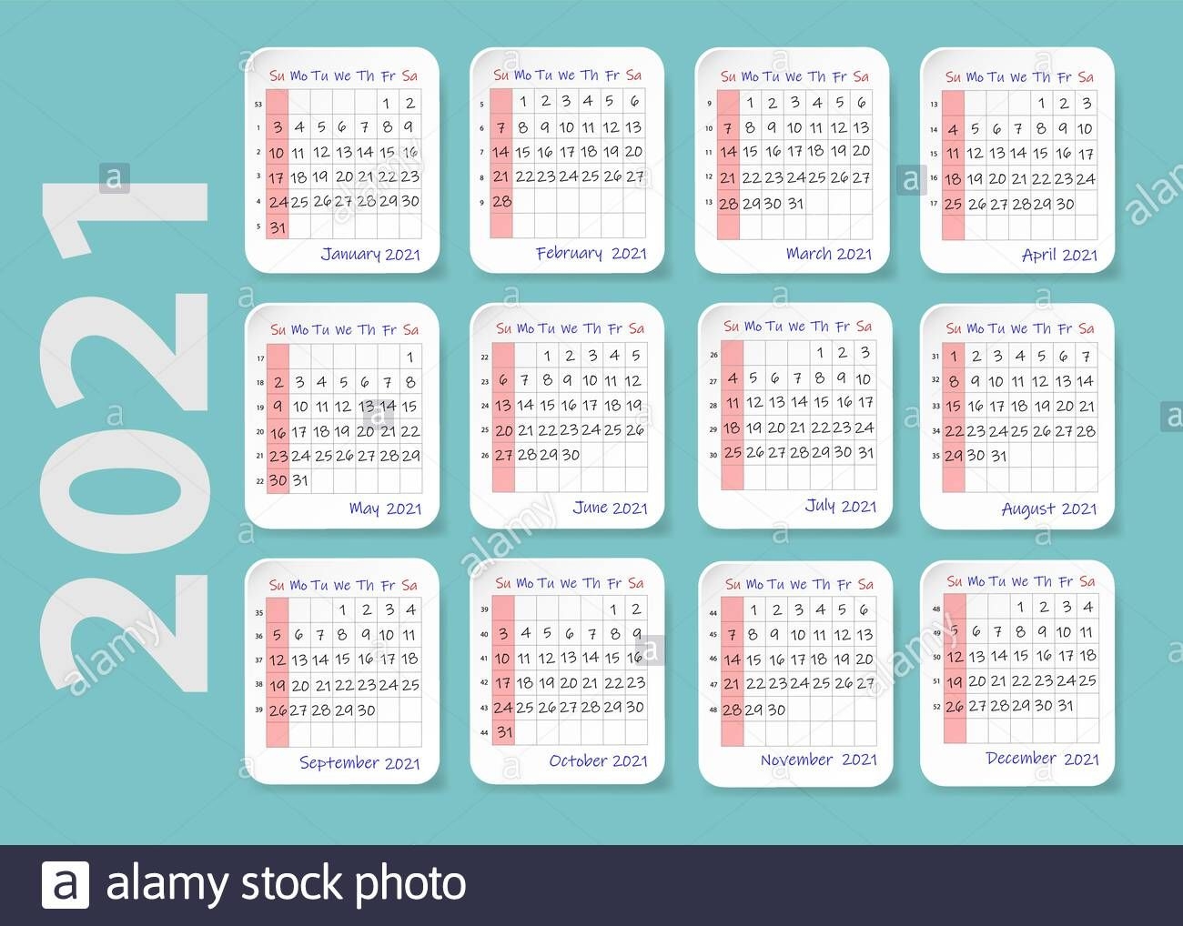 2021 year wall calendar, week starts sunday twelve sheets