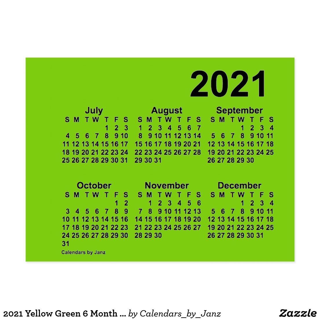 2021 Yellow Green 6 Month Mini Calendarjanz Postcard