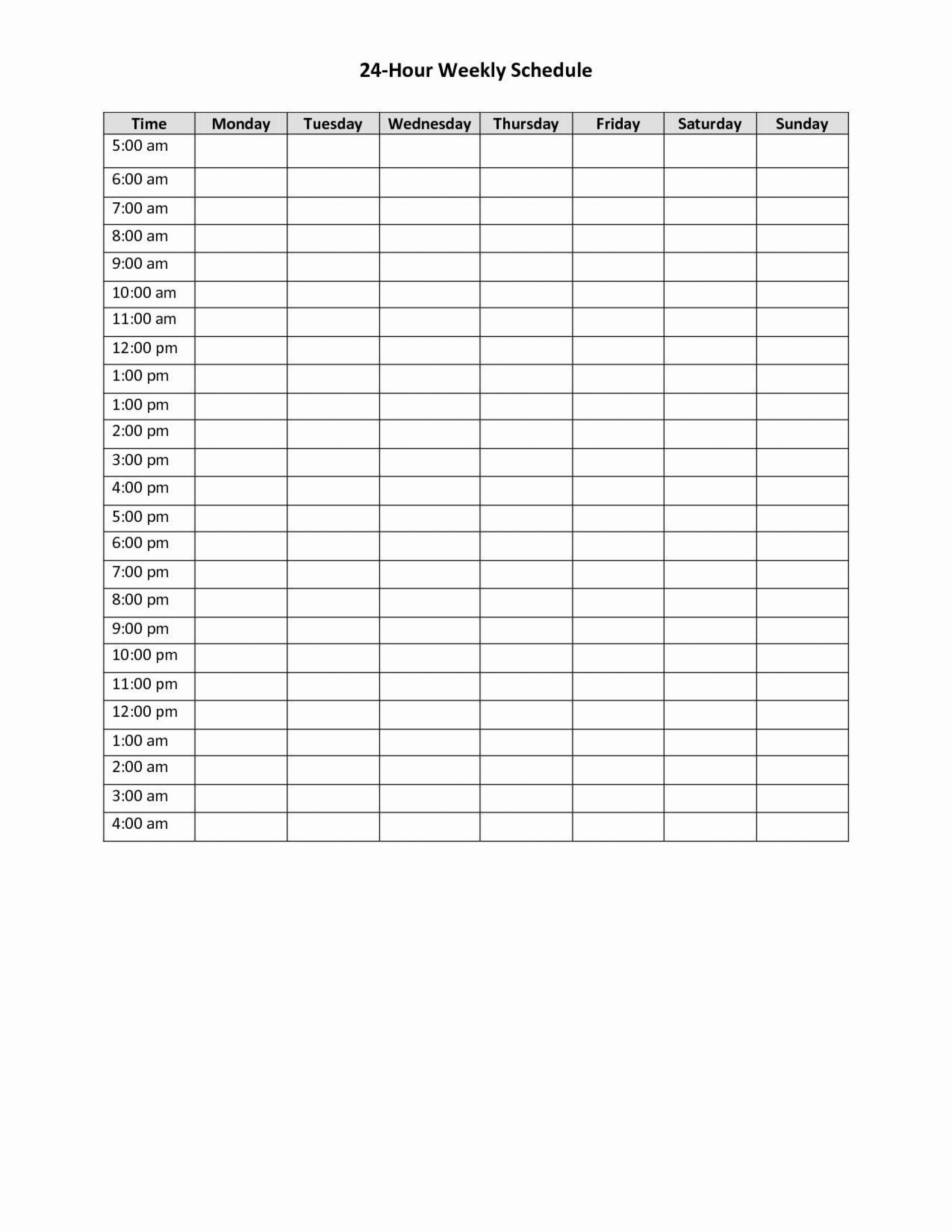 24 Hour Week Calendar Template