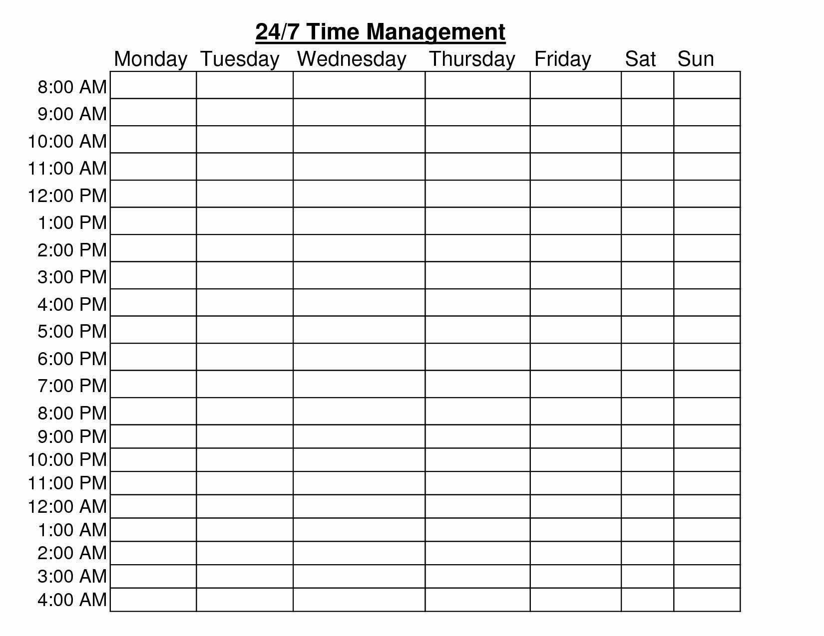 7 days week 24 hour schedule ms word template example