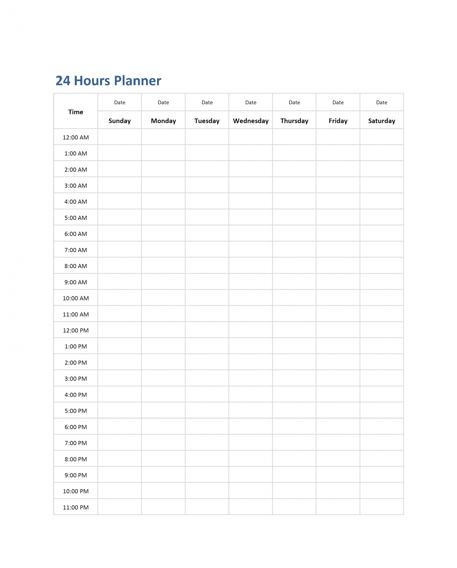 24 Hours Planner Google Docs Templates