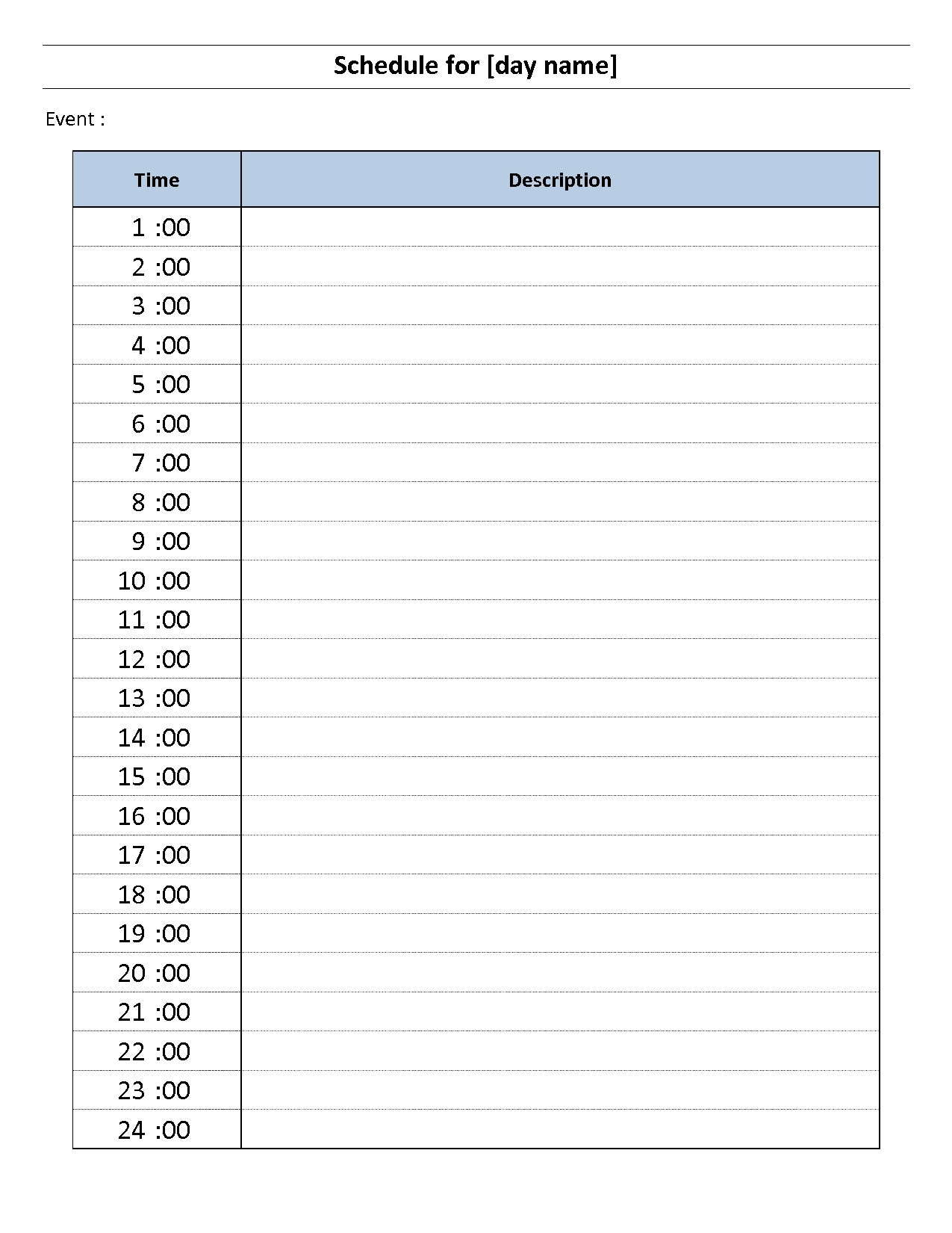 24 hour daily schedule template | day planner template