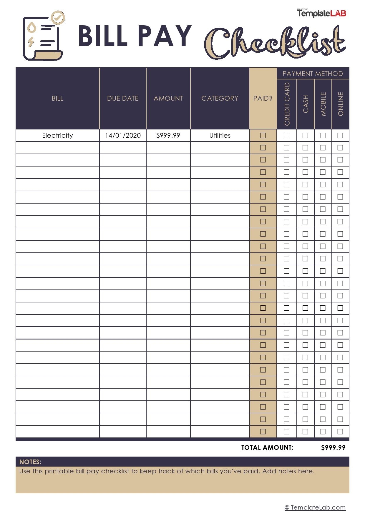33 Free Bill Pay Checklists & Bill Calendars (pdf, Word & Excel)