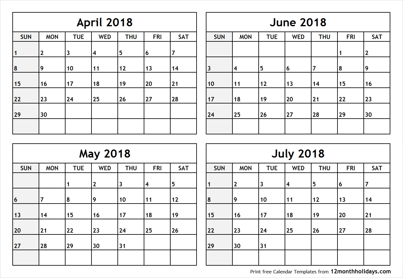 4 Month April May June July 2018 Calendar All 12 Month