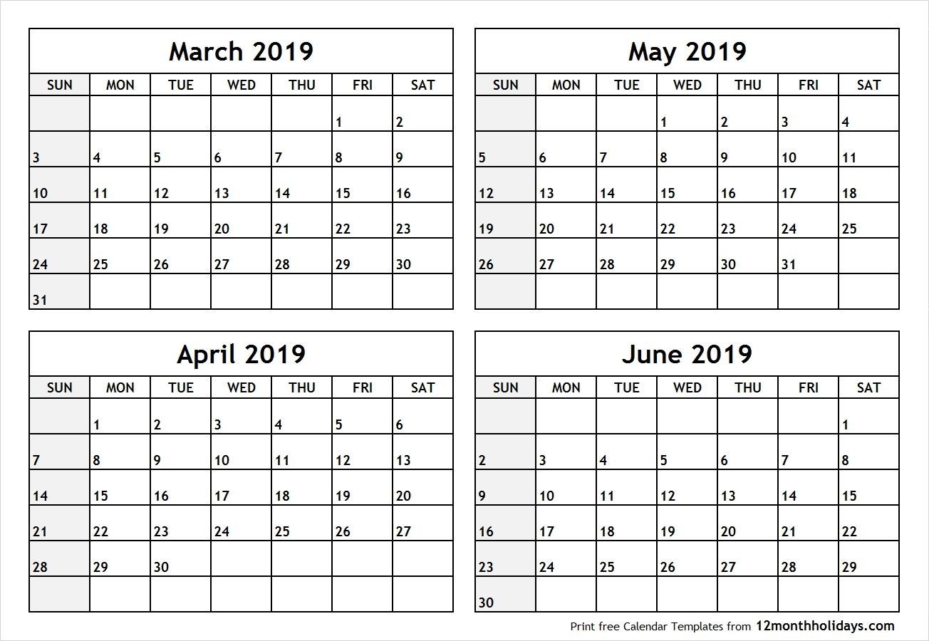 4 month blank calendar 2019 march april may june #april #may
