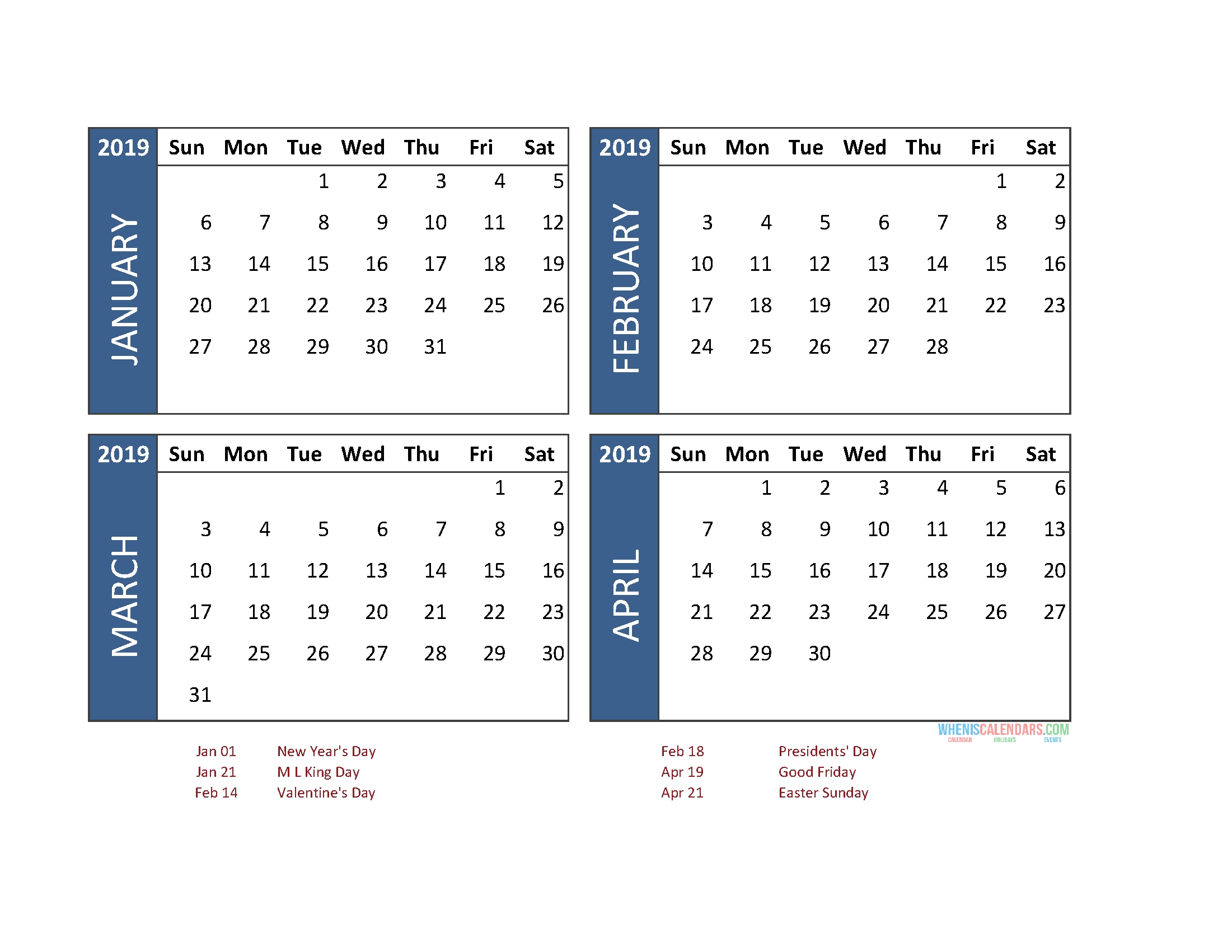 4 Month Calendar 2019 Printable [ January To December