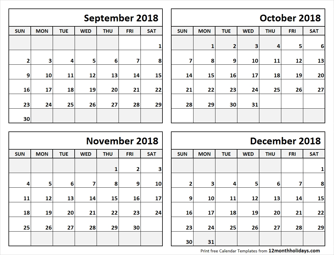 4 month calendar september to december 2018 | blank calendar