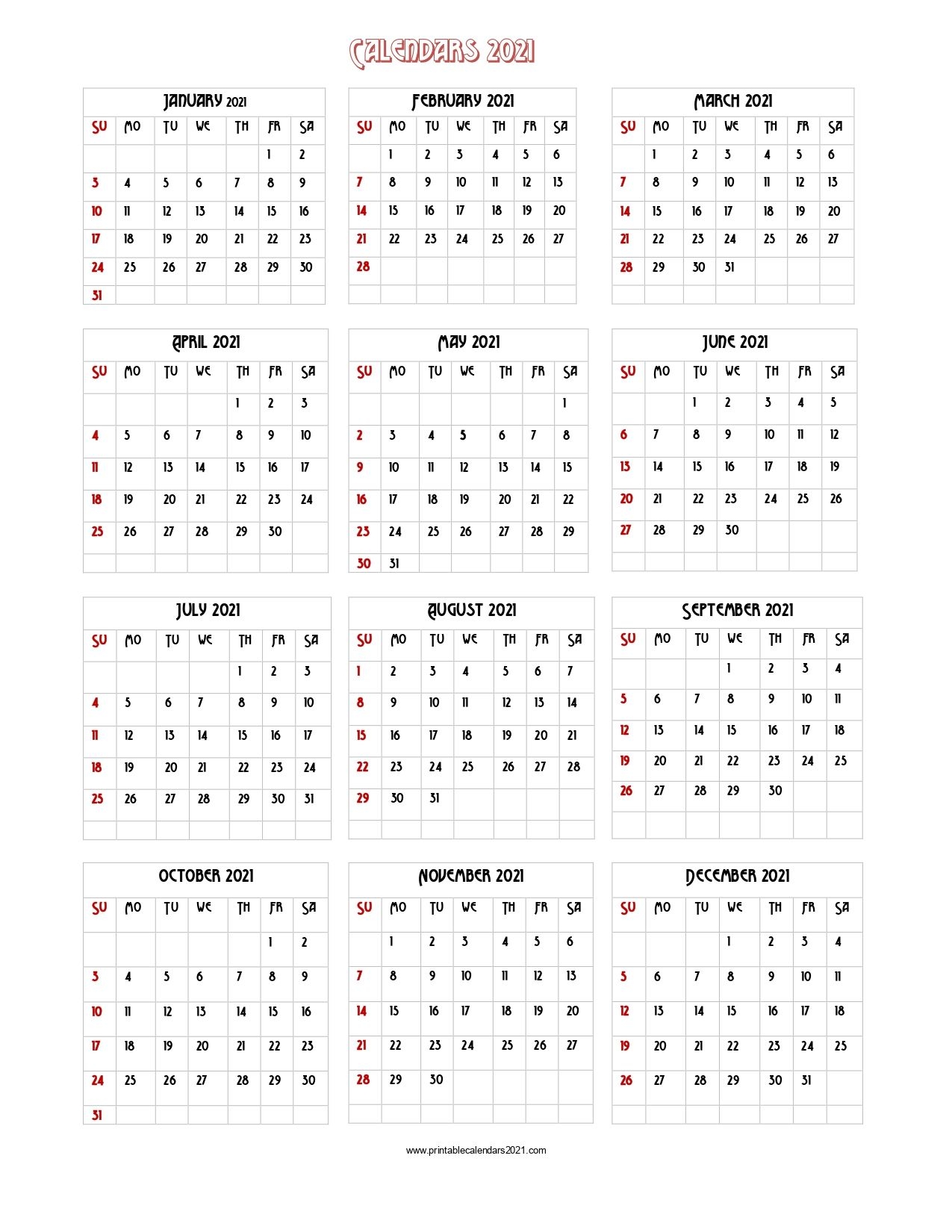 56 Printable Calendar 2021 One Page, Printable 2021 Yearly