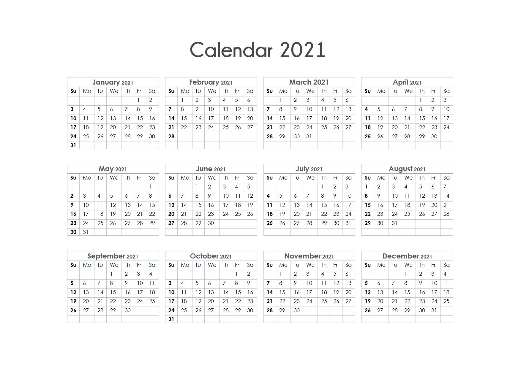 56 printable calendar 2021 one page, printable 2021 yearly