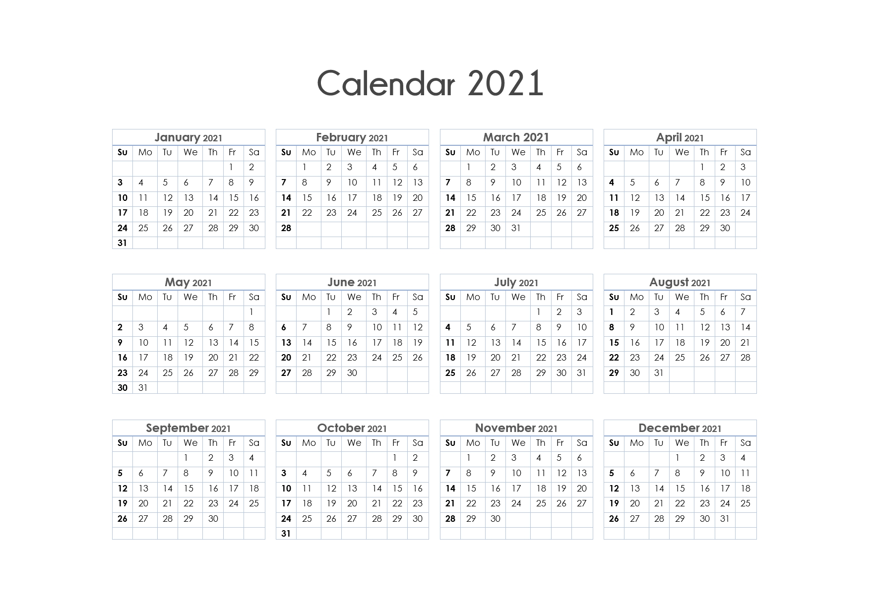 56 Printable Calendar 2021 One Page, Printable 2021 Yearly