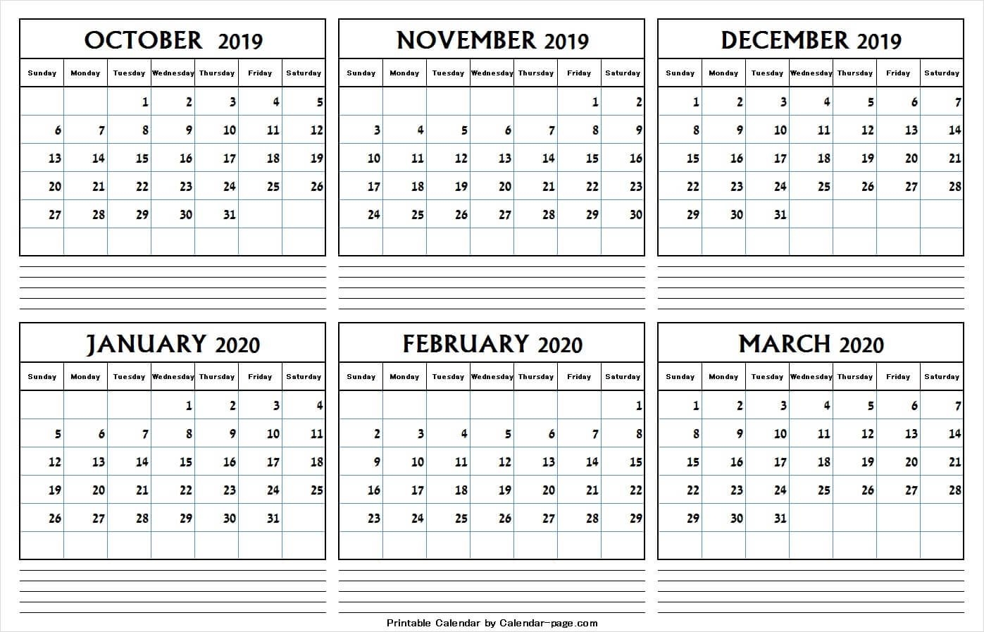 6 month calendar october 2019 and march 2020 | editable png