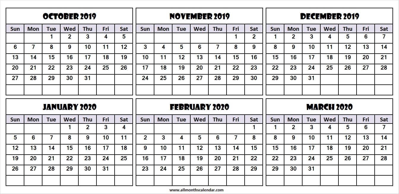 6 month calendar october 2019 to march 2020 | month calendar