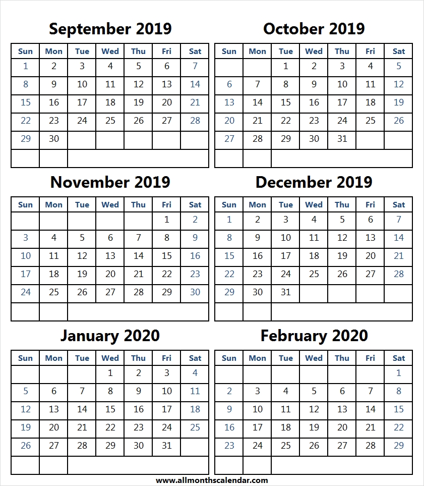 6 month calendar september 2019 to february 2020 | month