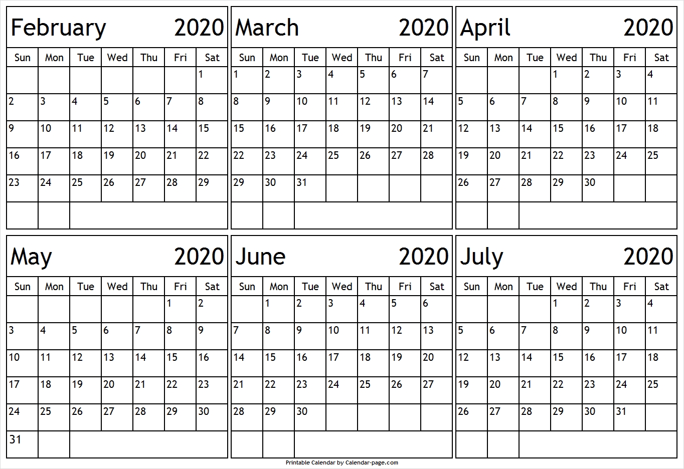 6 Month February To July 2020 Calendar Template | Pinterest