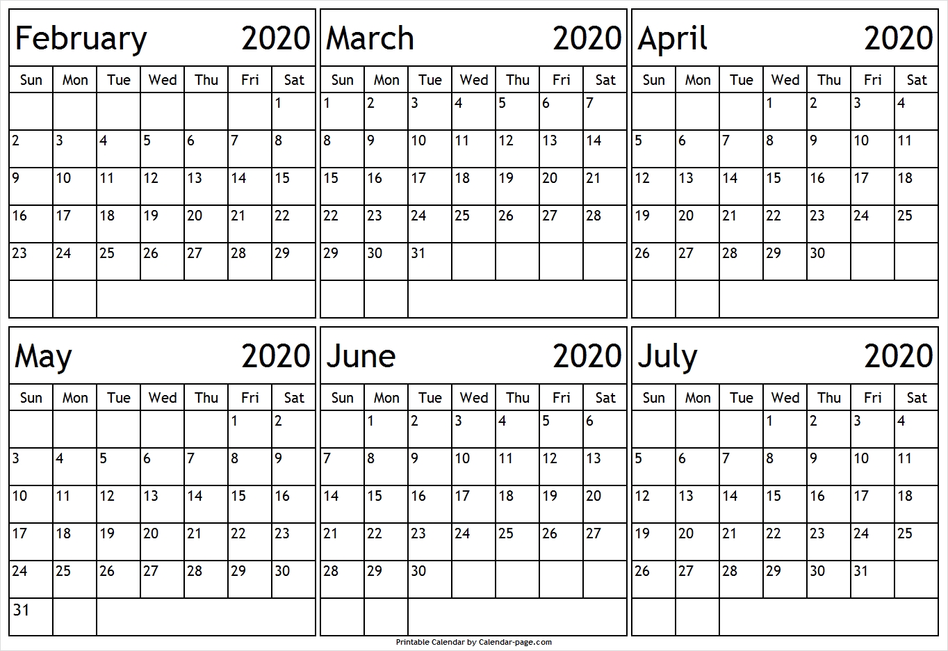 6 month february to july 2020 calendar template | pinterest