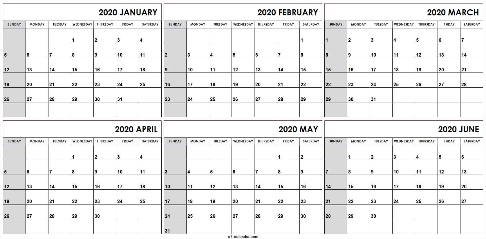 6 Month January To June 2020 Calendar Printable A4 Calendar