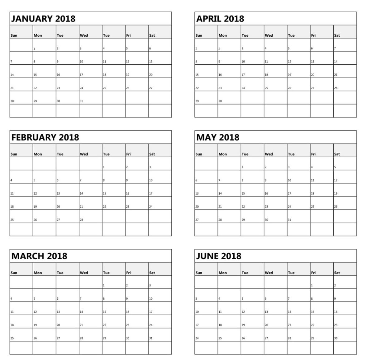 6 Month One Page Calendar 2018 | Latest Calendar