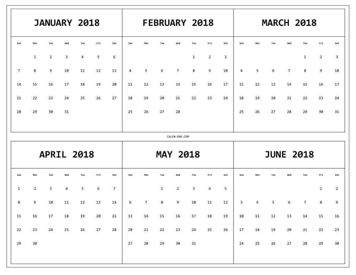 6 month one page printable calendar 2018 | monthly calendar