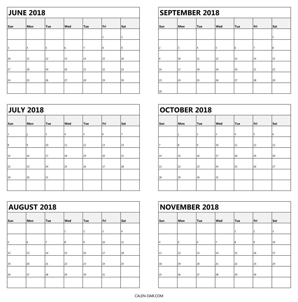 6 monthly calendar 2018 june to november template | blank