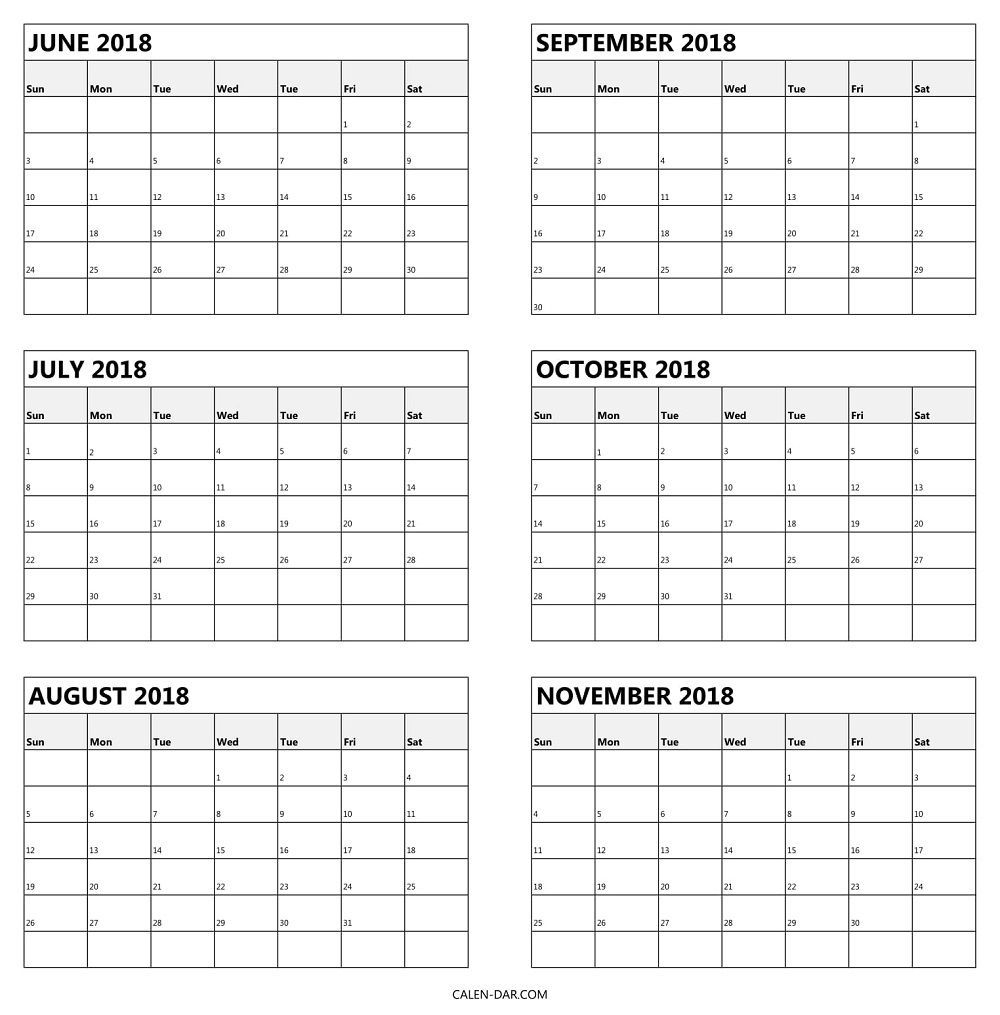 6 Monthly Calendar 2018 June To November Template | Blank