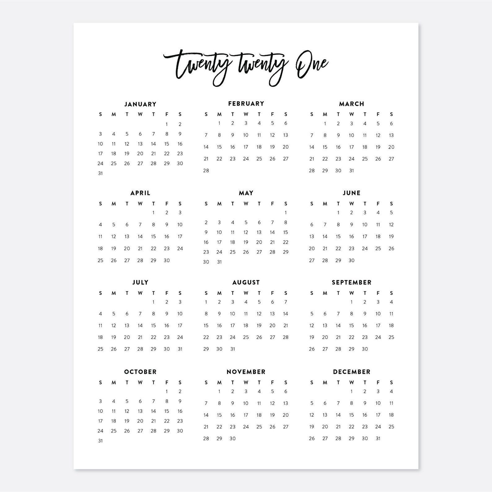 8 5x11 printable calendar 2021, letter calendar, 2021 year