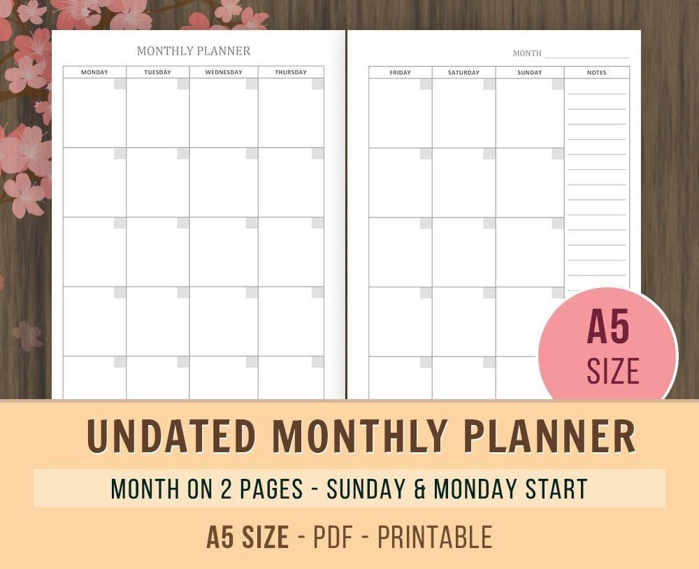 A5 Monthly Planner Inserts Undated Calendar Printable | Etsy