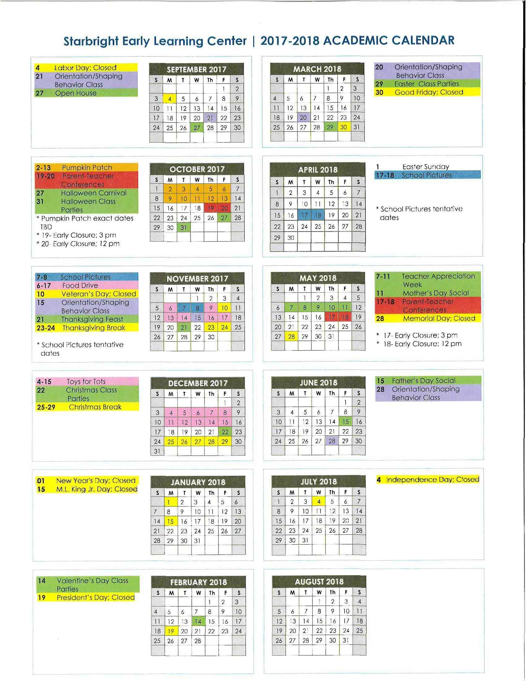 academic calendar | starbright early learning center