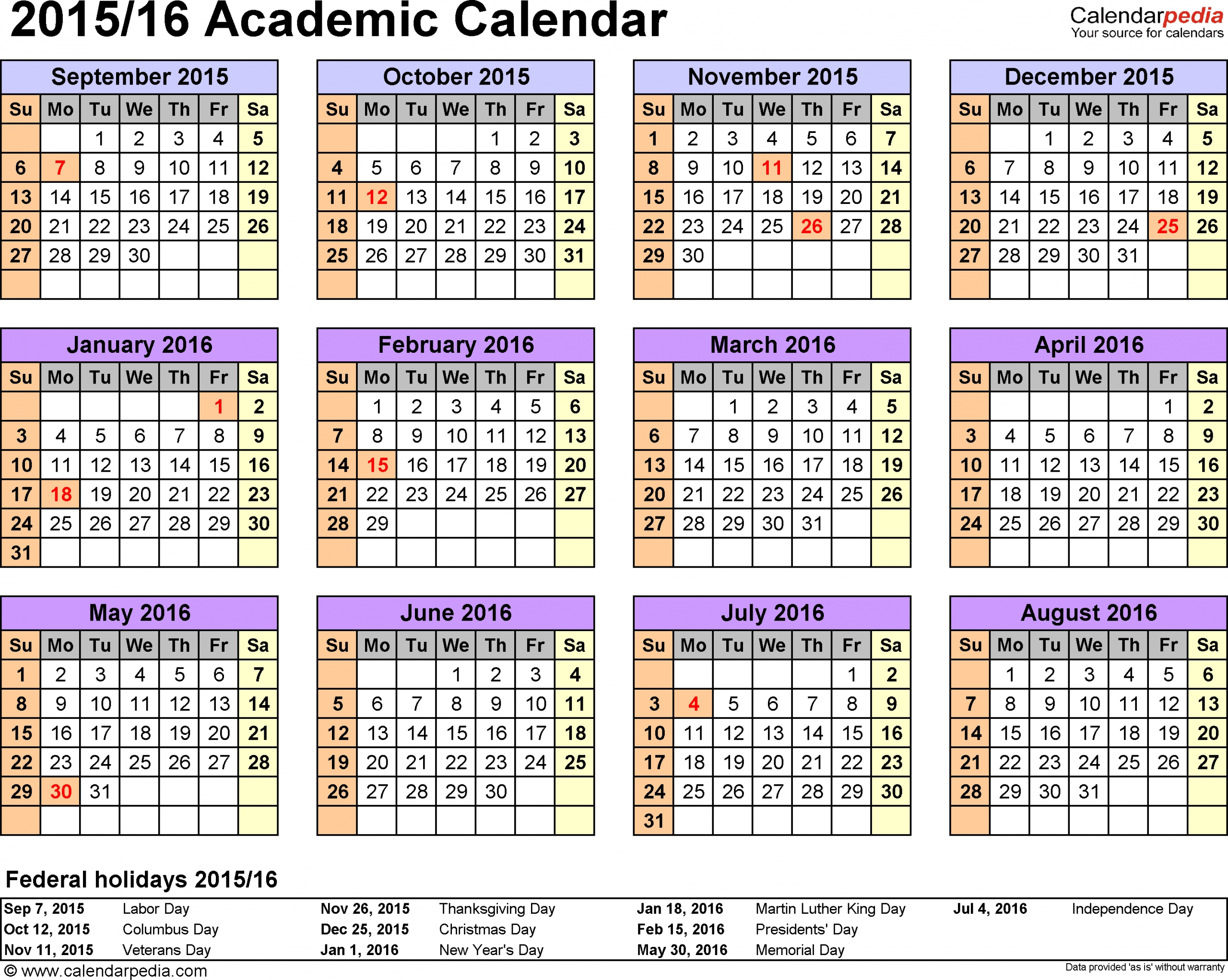 Academic Calendars 2015/2016 As Free Printable Word