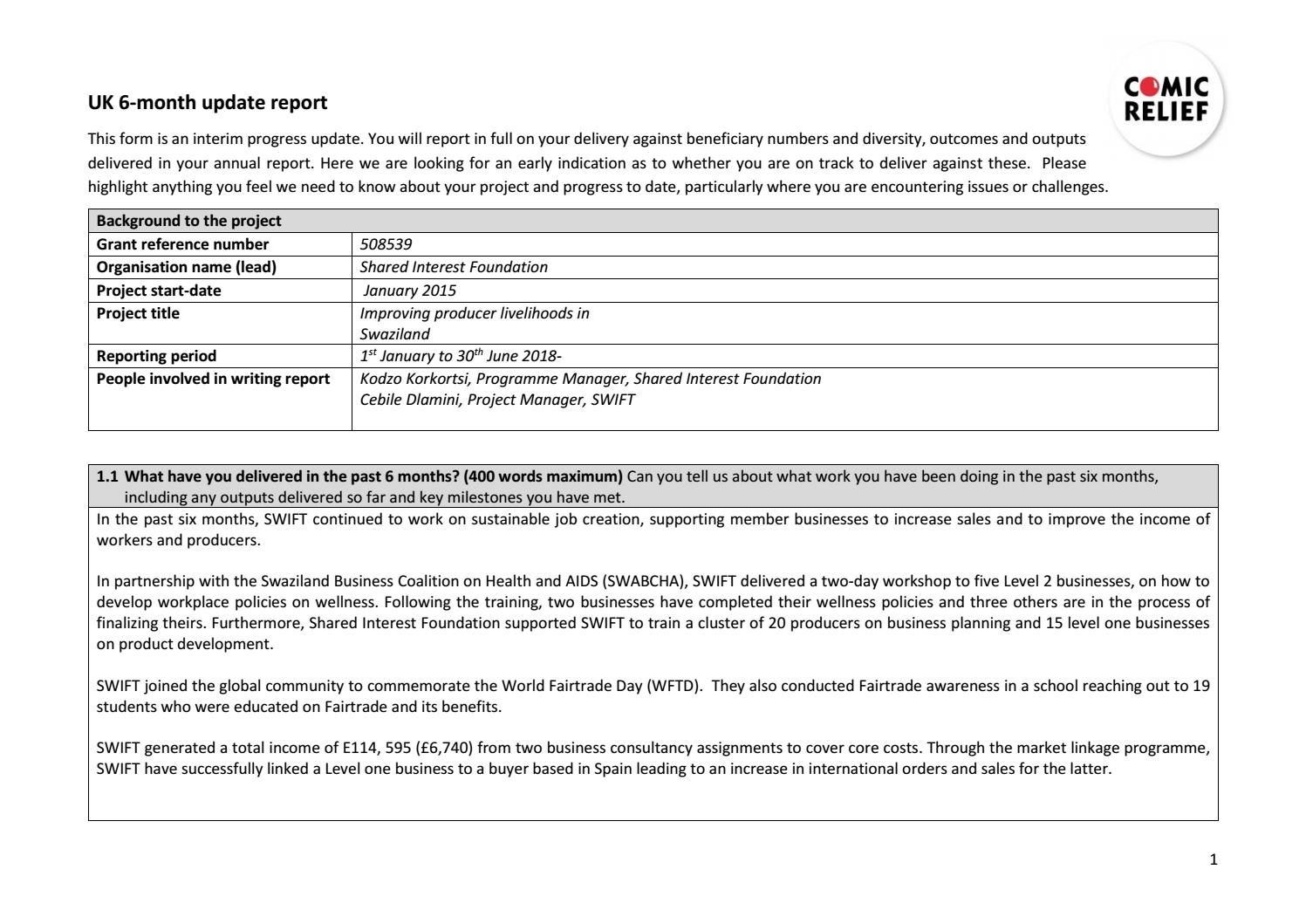 Appendix 12 Six Month Update Report Swift Project